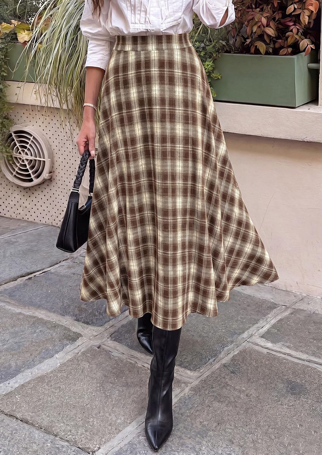 image:imagePRETTYGARDEN Womens Plaid High Waisted ALine Midi Skirts Elastic Waistband Long Flowy Skirt Classic Tartan Print Vintage Style Casual amp Formal Wear Fall Outfits Winter ClothingKhaki