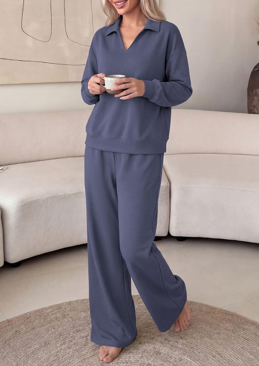 image:imagePRETTYGARDEN Womens Sweatsuits 2 Piece Outfits Matching Sets Wide Leg Sweatpants amp Polo V Neck Sweatshirt Lounge Set Comfy Airport Travel Outfits Track suits Fall Winter ClothesBlue Grey