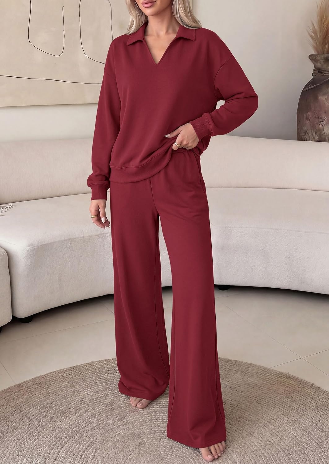 image:imagePRETTYGARDEN Womens Sweatsuits 2 Piece Outfits Matching Sets Wide Leg Sweatpants amp Polo V Neck Sweatshirt Lounge Set Comfy Airport Travel Outfits Track suits Fall Winter ClothesWine Red