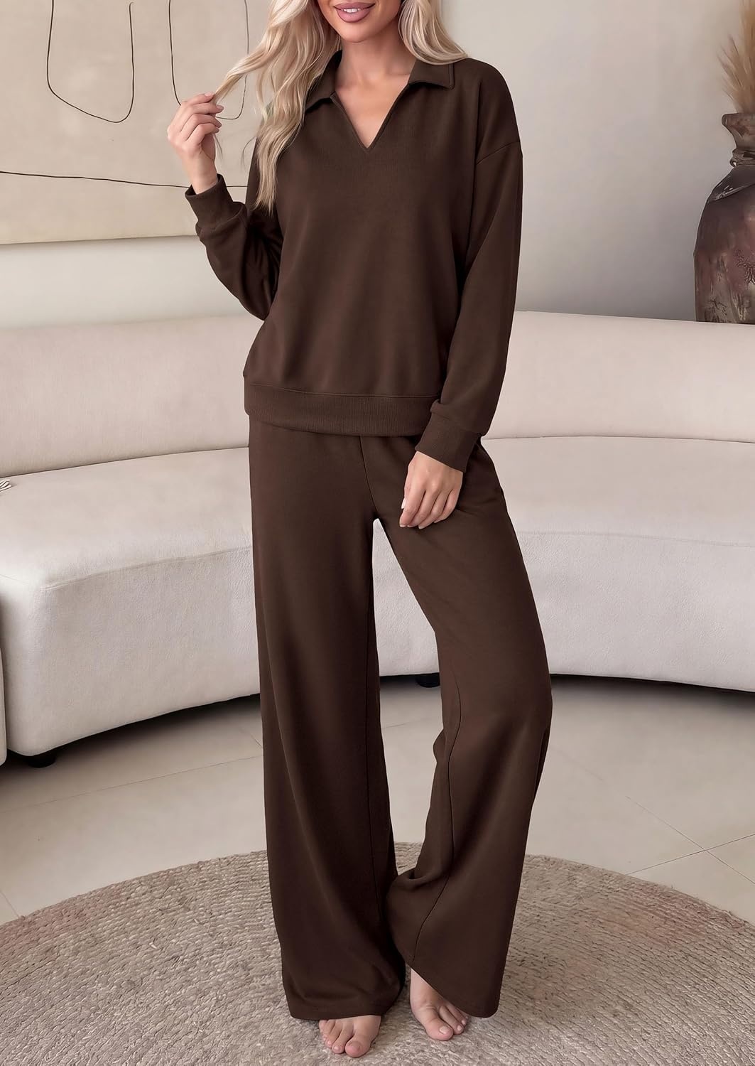 image:imagePRETTYGARDEN Womens Sweatsuits 2 Piece Outfits Matching Sets Wide Leg Sweatpants amp Polo V Neck Sweatshirt Lounge Set Comfy Airport Travel Outfits Track suits Fall Winter ClothesBrown