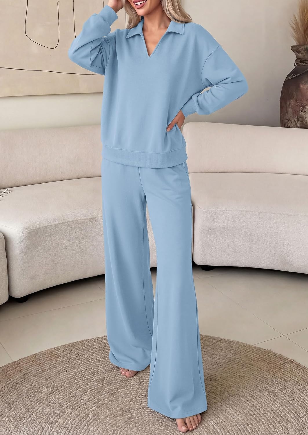 image:imagePRETTYGARDEN Womens Sweatsuits 2 Piece Outfits Matching Sets Wide Leg Sweatpants amp Polo V Neck Sweatshirt Lounge Set Comfy Airport Travel Outfits Track suits Fall Winter ClothesLight Blue