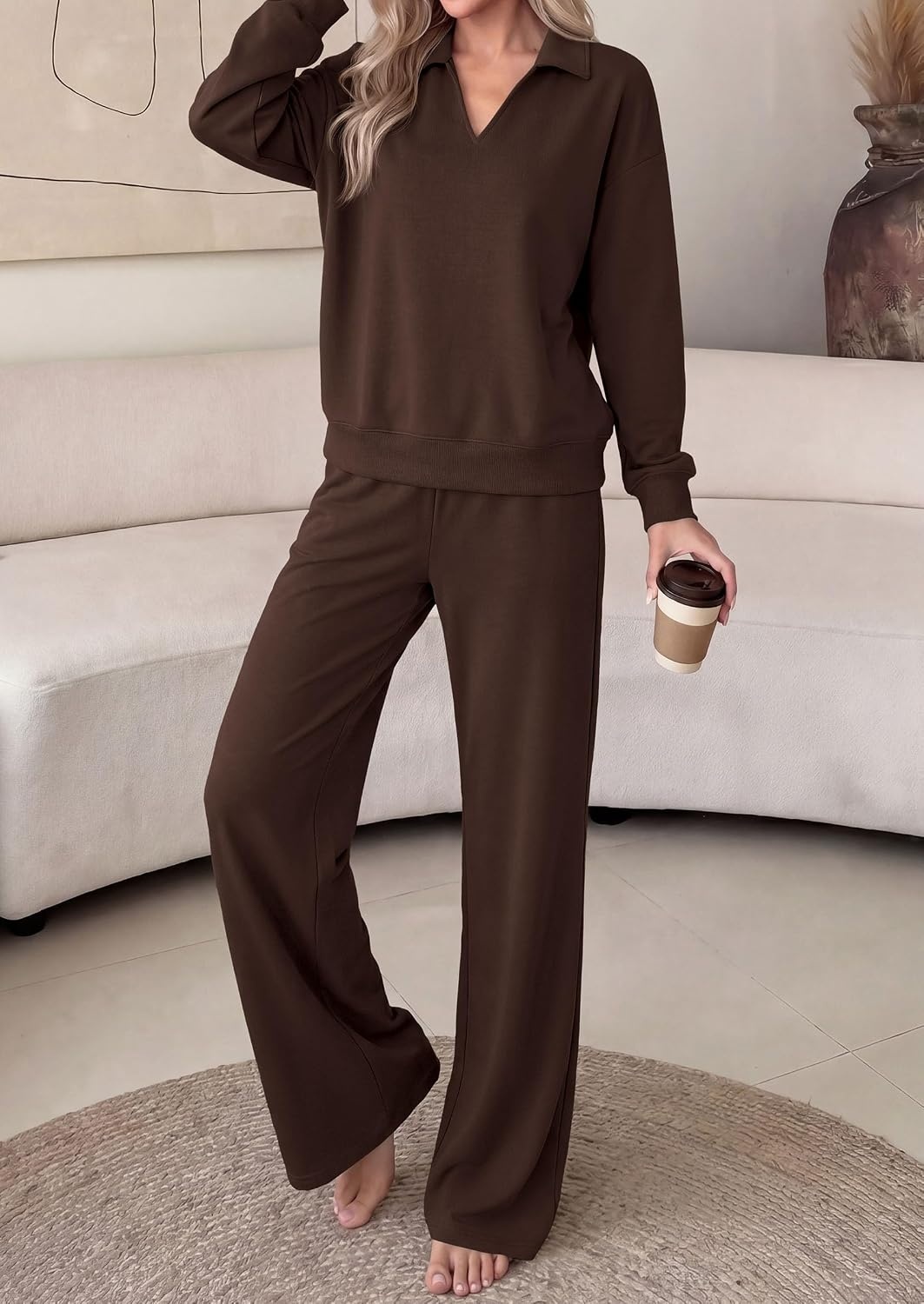 image:imagePRETTYGARDEN Womens Sweatsuits 2 Piece Outfits Matching Sets Wide Leg Sweatpants amp Polo V Neck Sweatshirt Lounge Set Comfy Airport Travel Outfits Track suits Fall Winter ClothesBrown