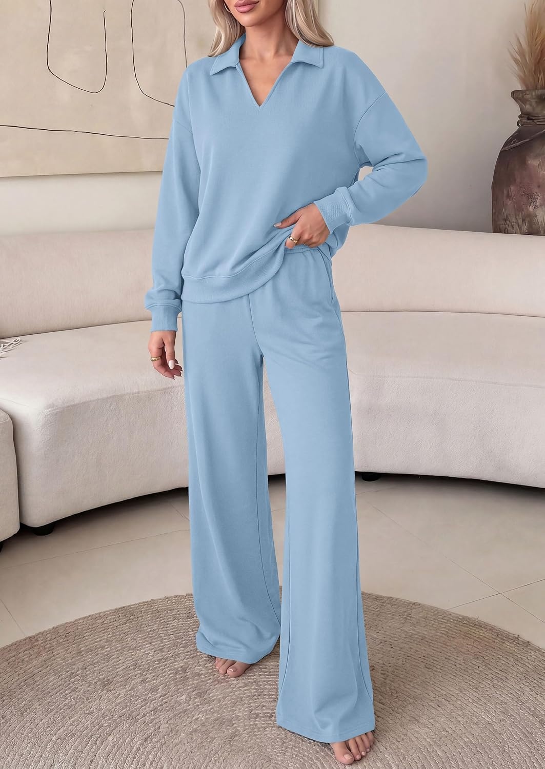 image:imagePRETTYGARDEN Womens Sweatsuits 2 Piece Outfits Matching Sets Wide Leg Sweatpants amp Polo V Neck Sweatshirt Lounge Set Comfy Airport Travel Outfits Track suits Fall Winter ClothesLight Blue
