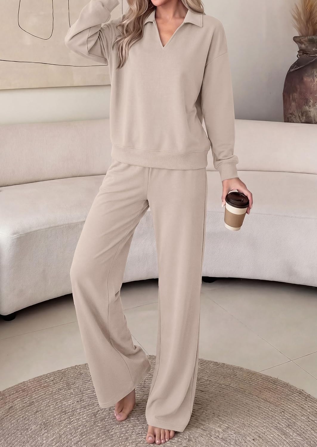 image:imagePRETTYGARDEN Womens Sweatsuits 2 Piece Outfits Matching Sets Wide Leg Sweatpants amp Polo V Neck Sweatshirt Lounge Set Comfy Airport Travel Outfits Track suits Fall Winter ClothesApricot