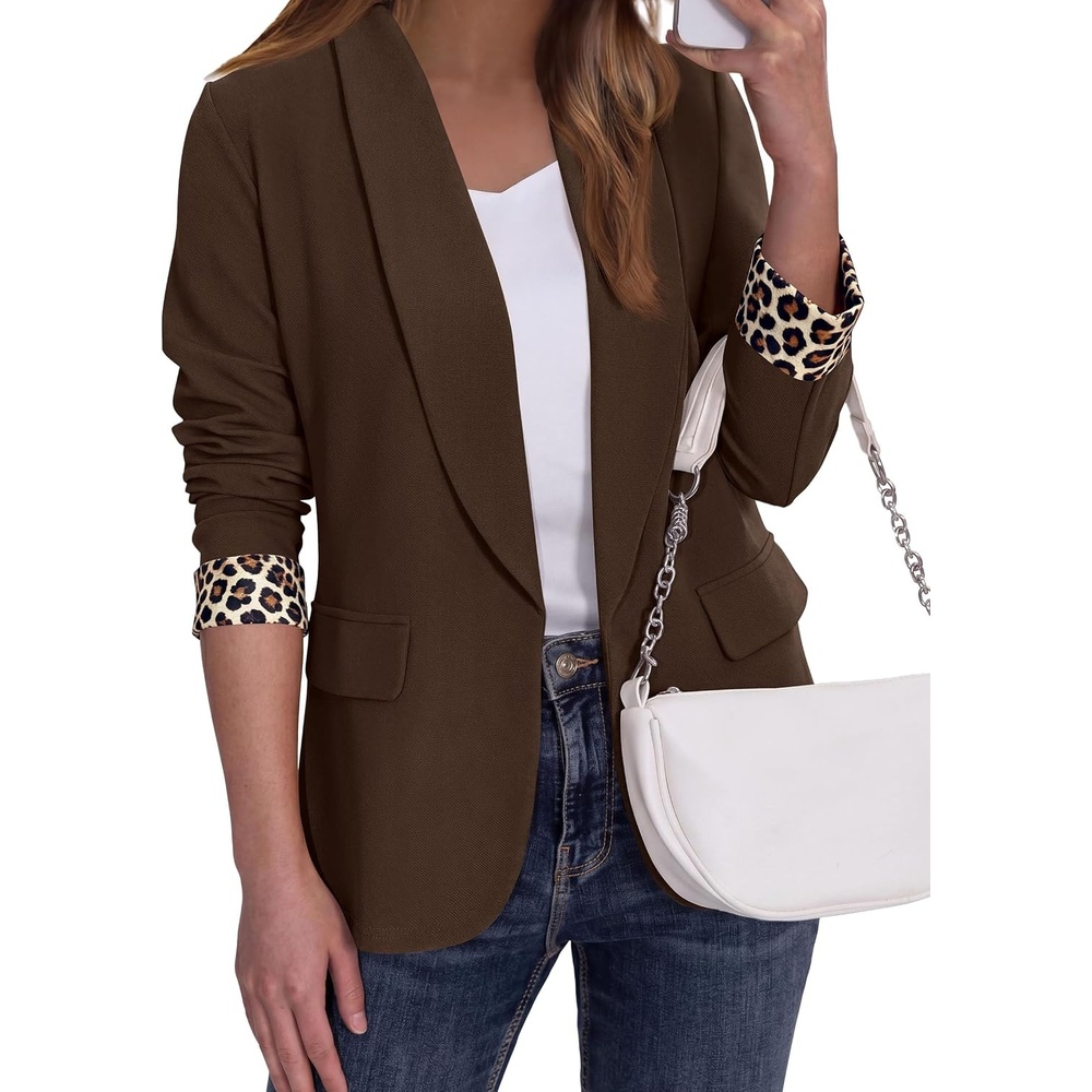 image:imagePRETTYGARDEN Womens Business Casual Blazers Suit Jacket Lapel Loose Fit Blazer Long Sleeve Open Front Leopard Print Cuffs Dressy Casual Office Work Clothes Fall Winter FashionDark Brown