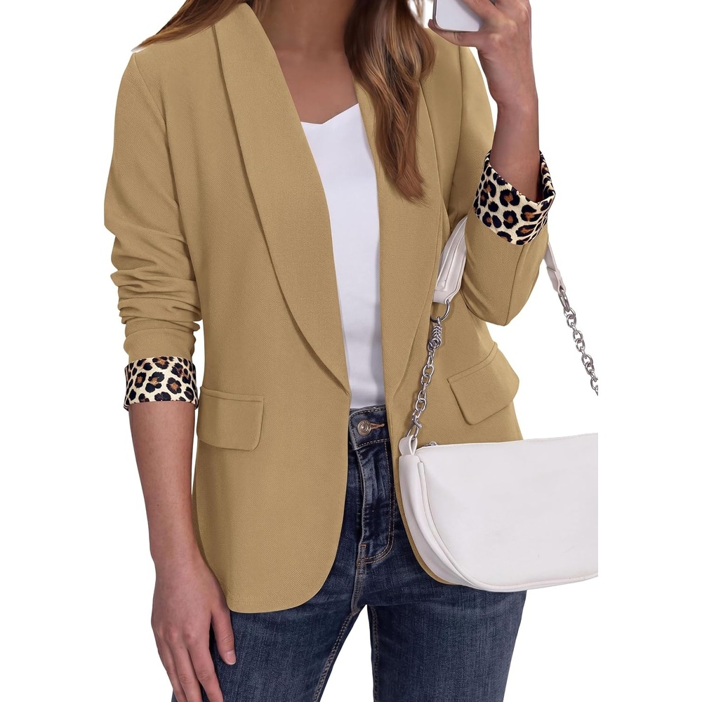 image:imagePRETTYGARDEN Womens Business Casual Blazers Suit Jacket Lapel Loose Fit Blazer Long Sleeve Open Front Leopard Print Cuffs Dressy Casual Office Work Clothes Fall Winter FashionKhaki