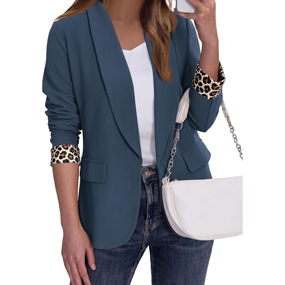 image:imagePRETTYGARDEN Womens Business Casual Blazers Suit Jacket Lapel Loose Fit Blazer Long Sleeve Open Front Leopard Print Cuffs Dressy Casual Office Work Clothes Fall Winter FashionDark Blue