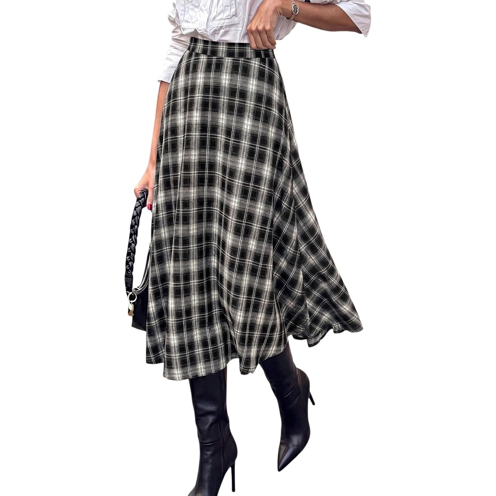 image:imagePRETTYGARDEN Womens Plaid High Waisted ALine Midi Skirts Elastic Waistband Long Flowy Skirt Classic Tartan Print Vintage Style Casual amp Formal Wear Fall Outfits Winter ClothingBlack