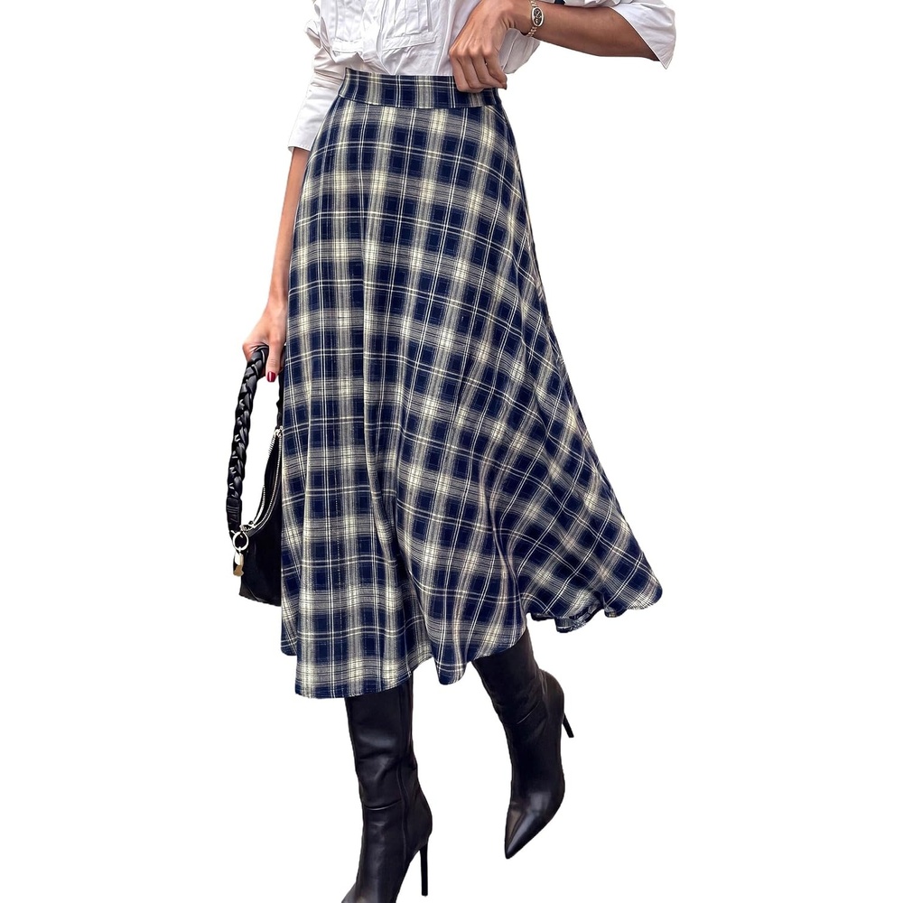 image:imagePRETTYGARDEN Womens Plaid High Waisted ALine Midi Skirts Elastic Waistband Long Flowy Skirt Classic Tartan Print Vintage Style Casual amp Formal Wear Fall Outfits Winter ClothingNavy Blue