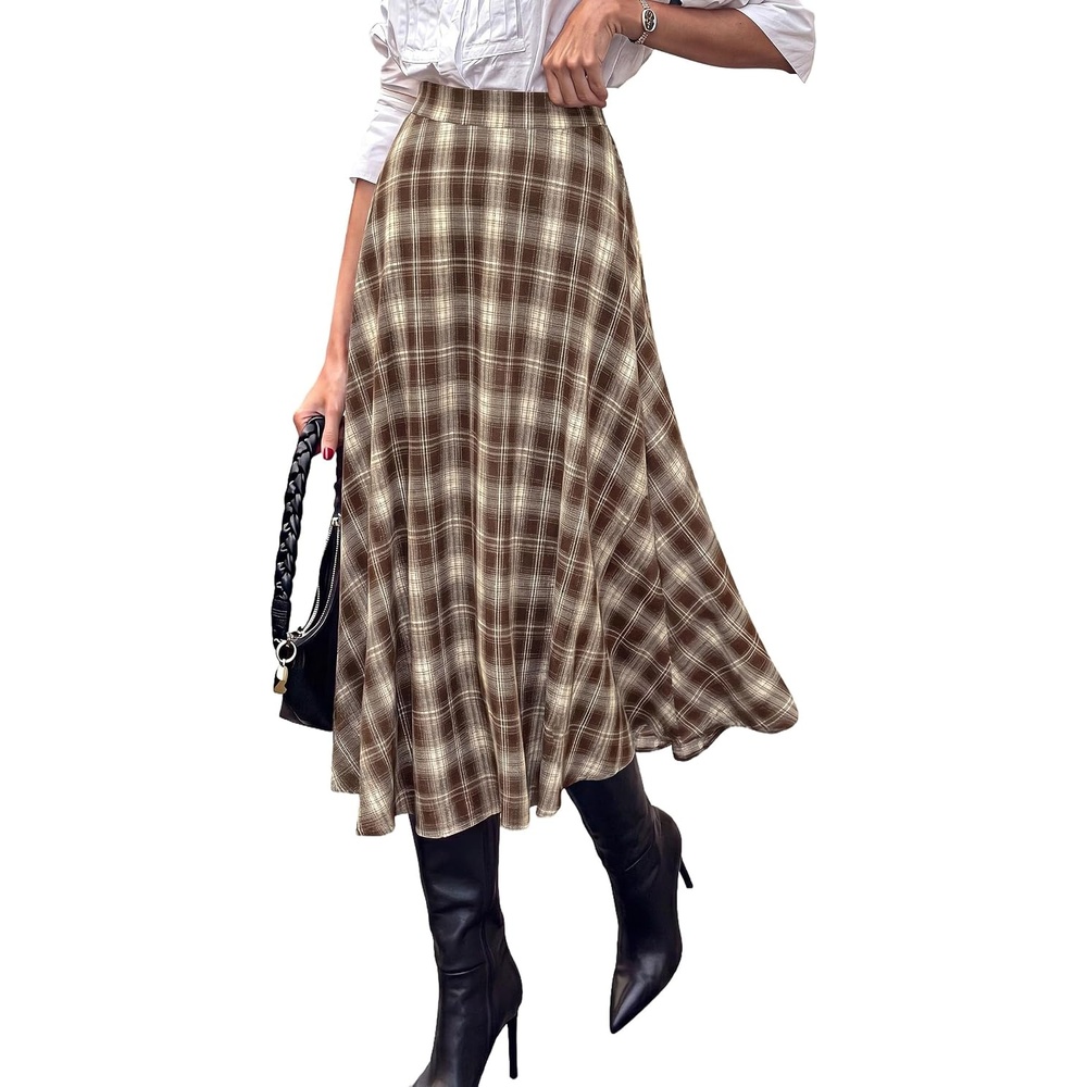 image:imagePRETTYGARDEN Womens Plaid High Waisted ALine Midi Skirts Elastic Waistband Long Flowy Skirt Classic Tartan Print Vintage Style Casual amp Formal Wear Fall Outfits Winter ClothingKhaki
