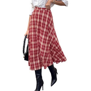 PRETTYGARDEN Women’s Plaid High Waisted A-Line Midi Skirts | Elastic Waistband, Long Flowy Skirt, Classic Tartan Print, Vintage Style, Casual & Formal Wear, Fall Outfits Winter Clothing(Red)