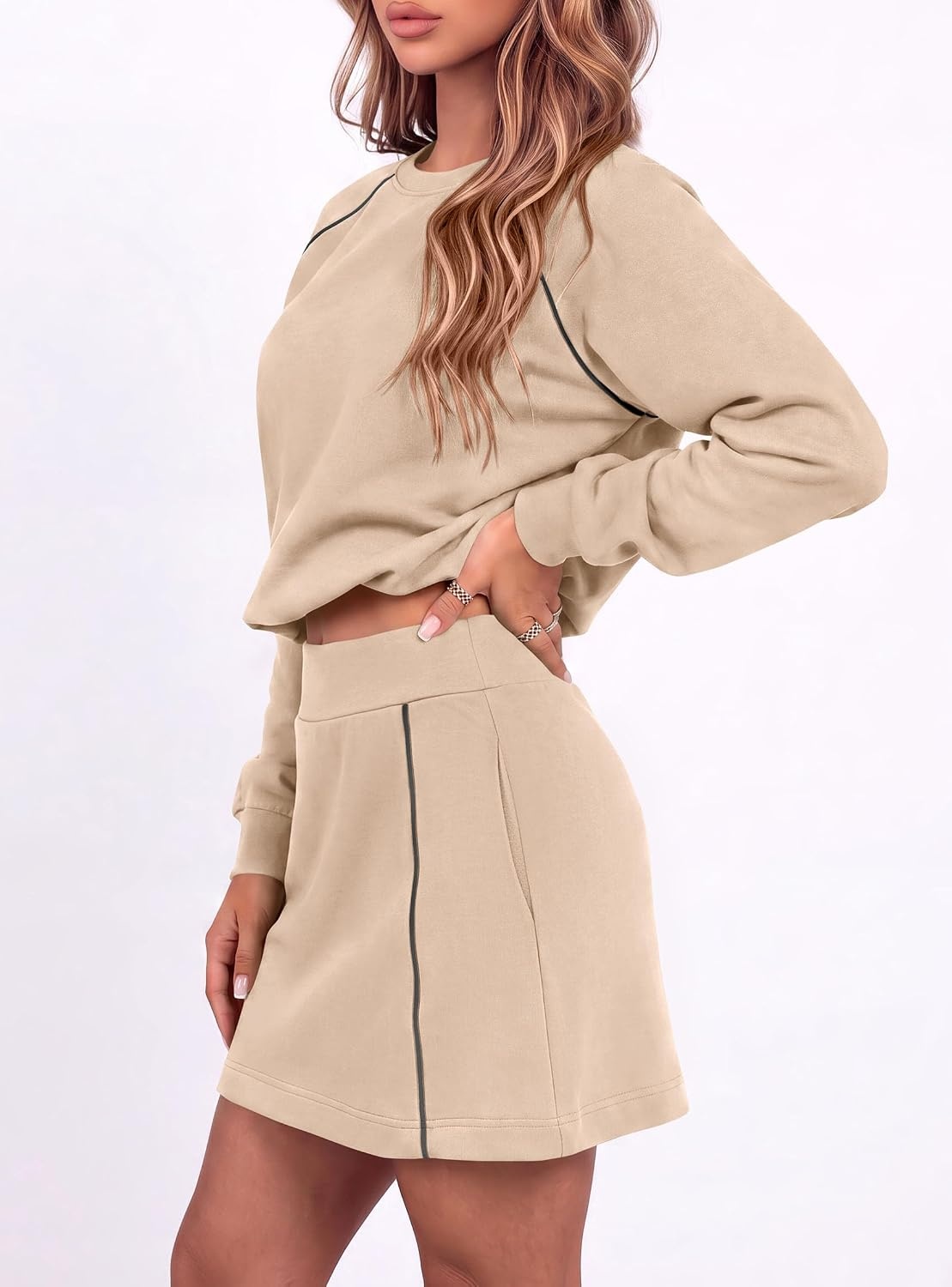 image:imagePRETTYGARDEN Womens Two Piece Airport Outfits Matching Skirt SetsBeige