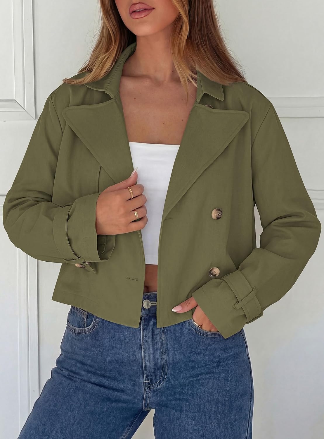 image:imagePRETTYGARDEN Cropped Trench Coat For Women Short JacketArmy Green