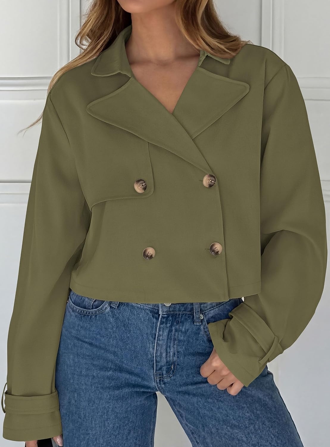 image:imagePRETTYGARDEN Cropped Trench Coat For Women Short JacketArmy Green