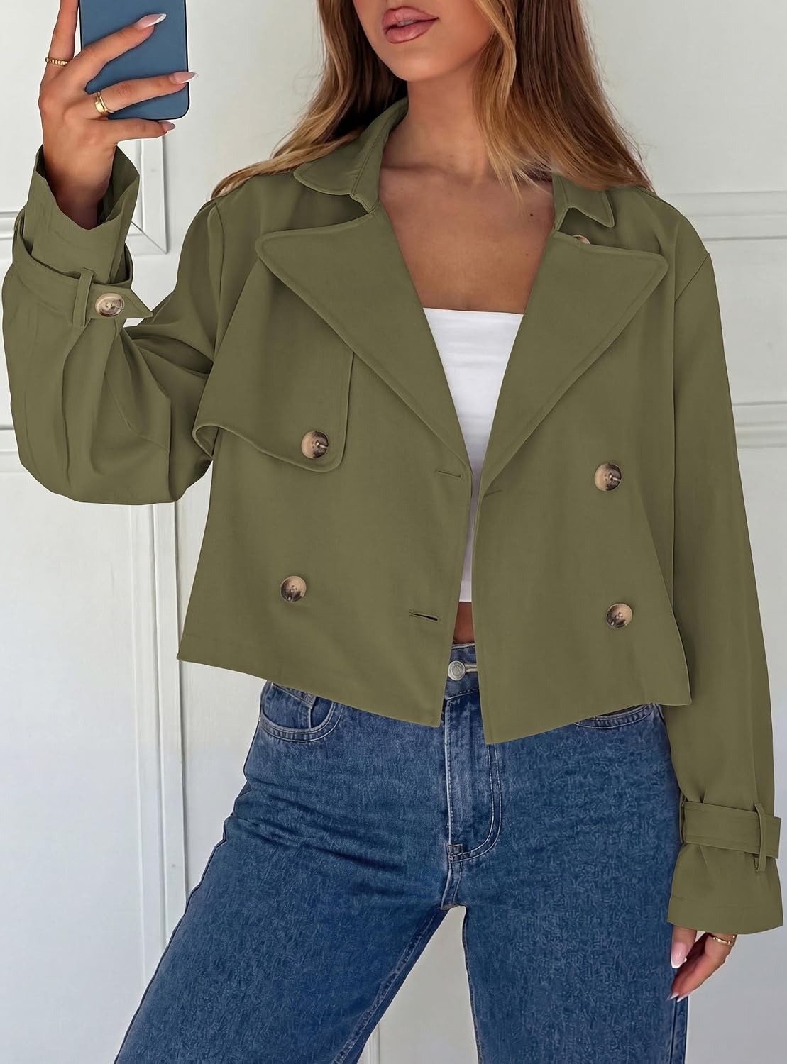image:imagePRETTYGARDEN Cropped Trench Coat For Women Short JacketArmy Green