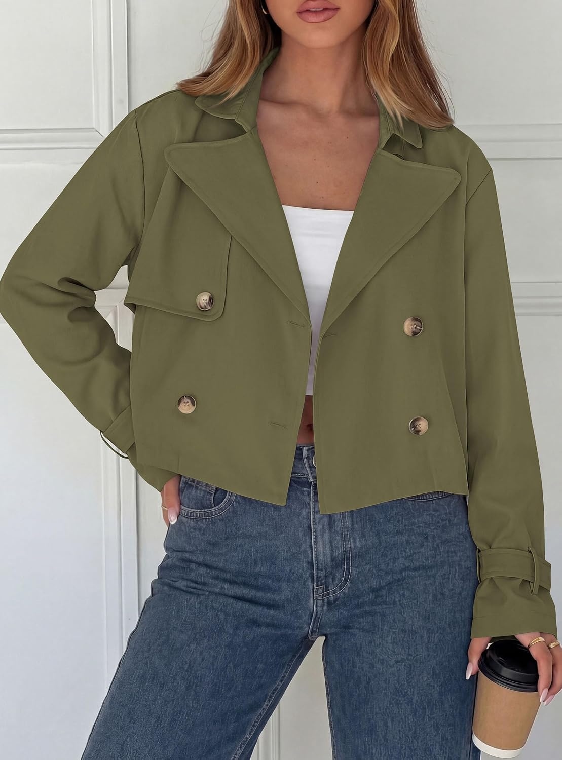 image:imagePRETTYGARDEN Cropped Trench Coat For Women Short JacketArmy Green