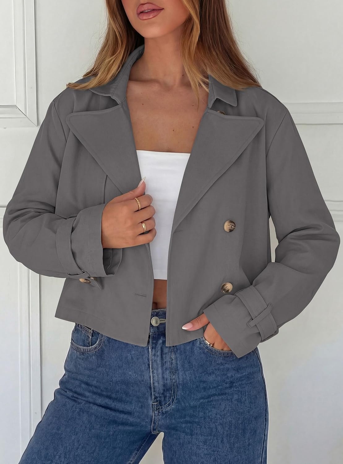 image:imagePRETTYGARDEN Cropped Trench Coat For Women Short JacketGrey