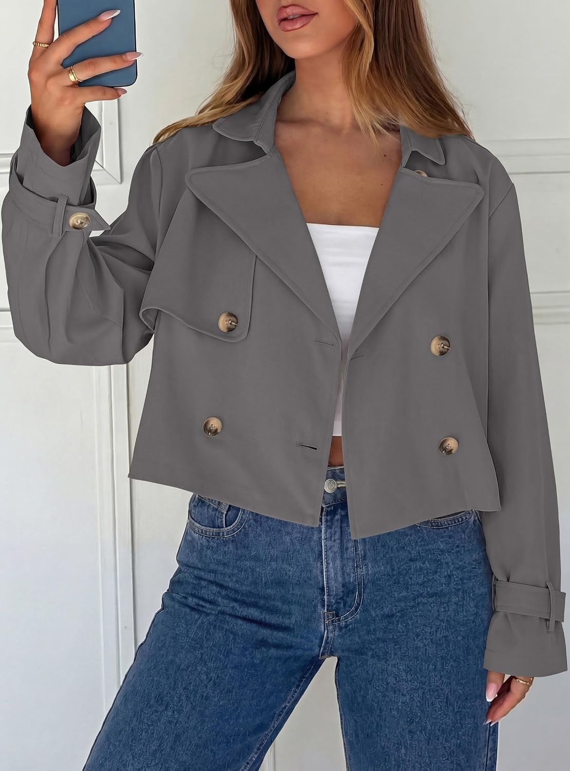 image:imagePRETTYGARDEN Cropped Trench Coat For Women Short JacketGrey