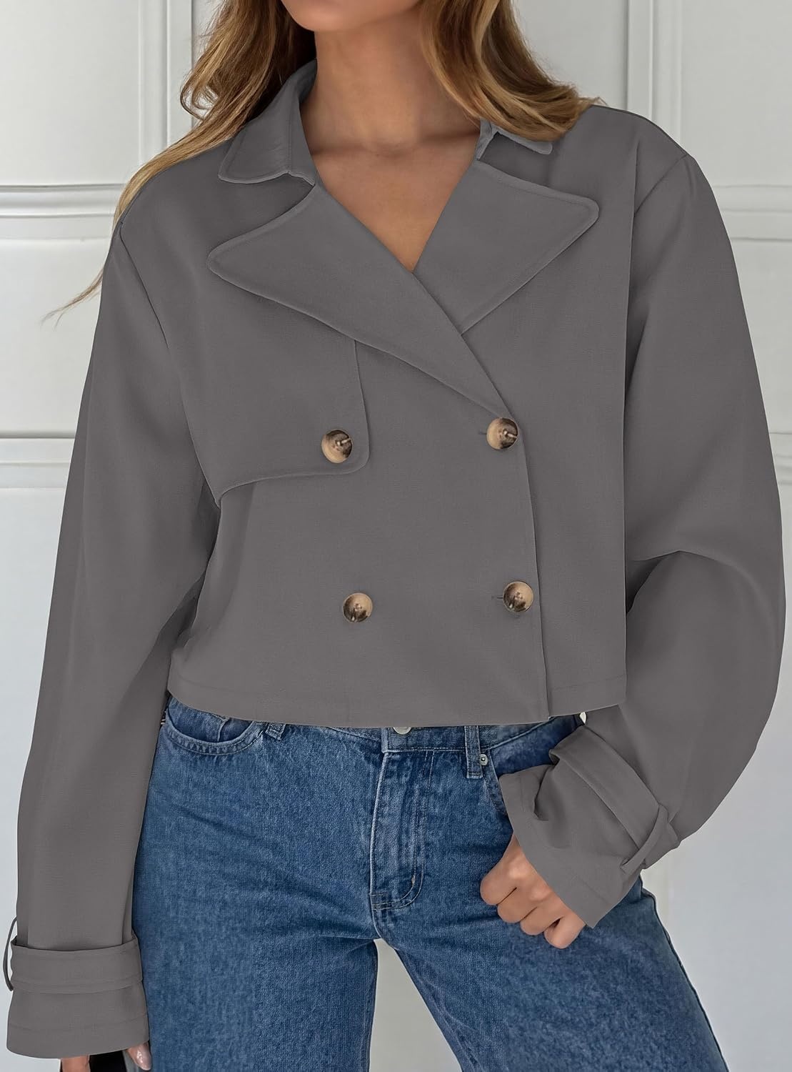 image:imagePRETTYGARDEN Cropped Trench Coat For Women Short JacketGrey