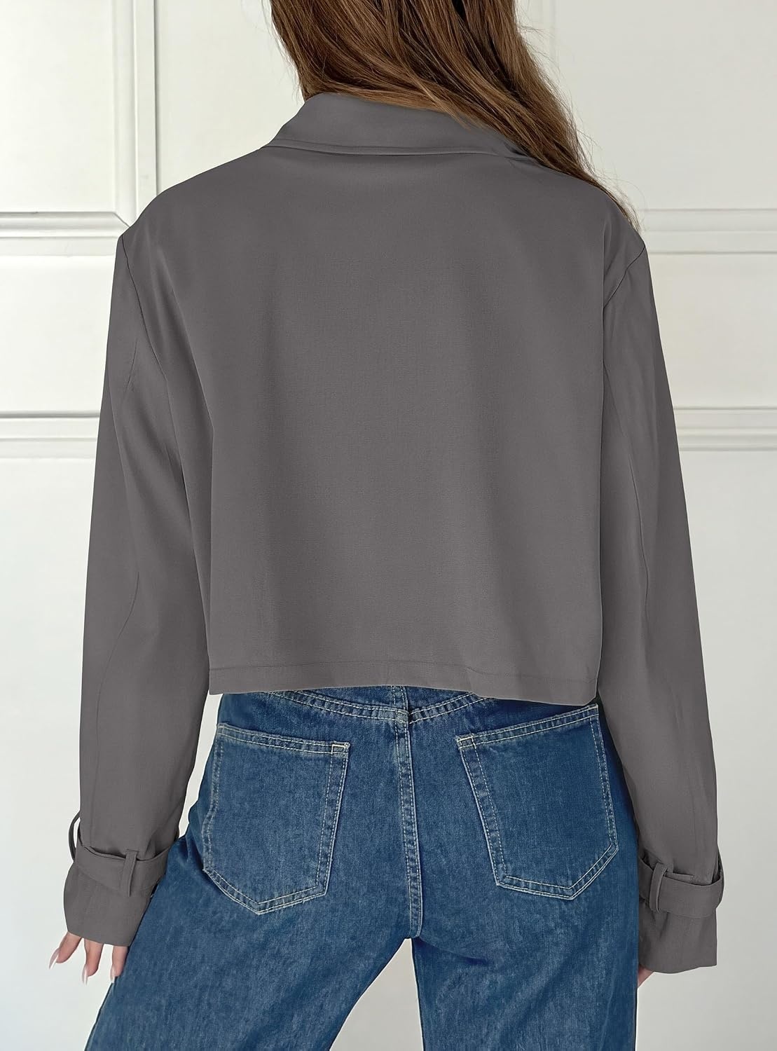image:imagePRETTYGARDEN Cropped Trench Coat For Women Short JacketGrey