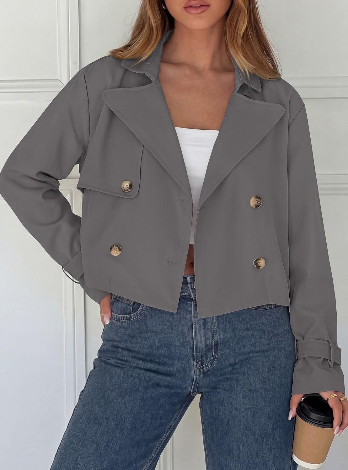 image:imagePRETTYGARDEN Cropped Trench Coat For Women Short JacketGrey