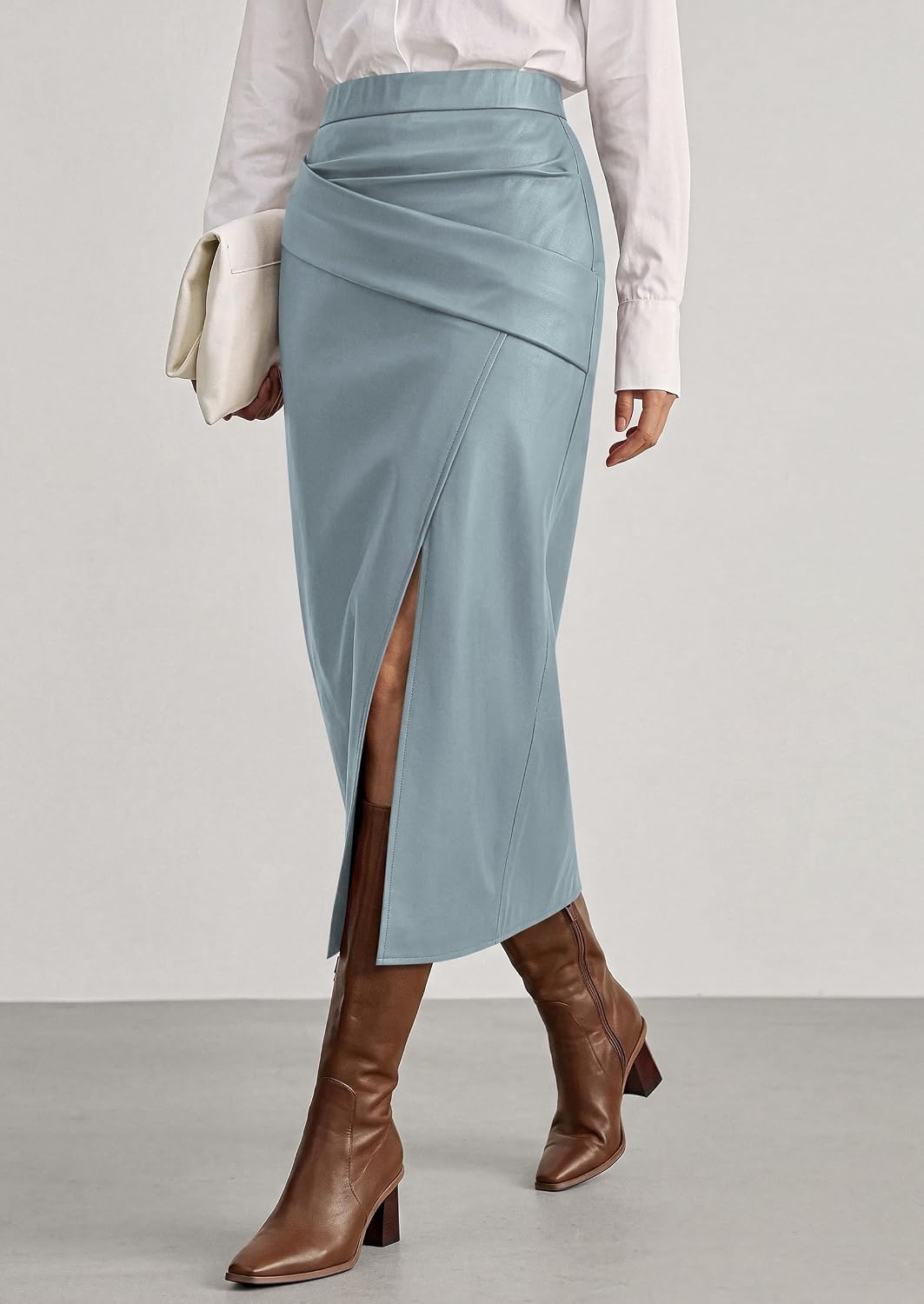 image:imagePRETTYGARDEN Faux Leather Long Skirts for WomenGrey Blue