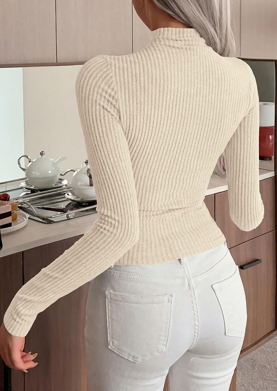 image:imagePRETTYGARDEN Long Sleeve Shirts for Women Mock Neck TopsApricot