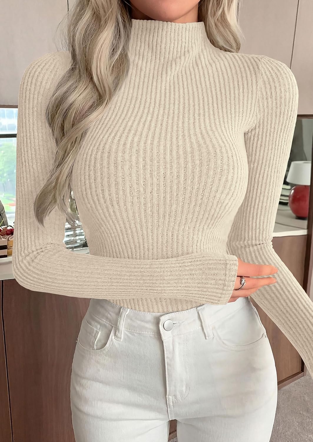image:imagePRETTYGARDEN Long Sleeve Shirts for Women Mock Neck TopsApricot