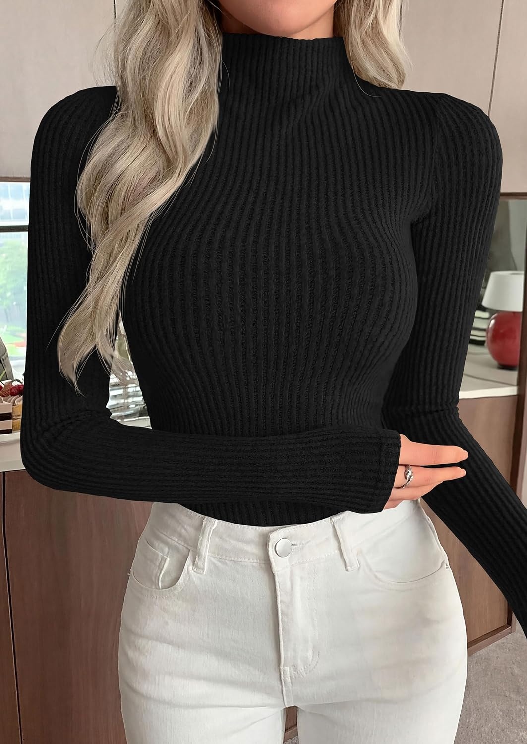 image:imagePRETTYGARDEN Long Sleeve Shirts for Women Mock Neck TopsBlack