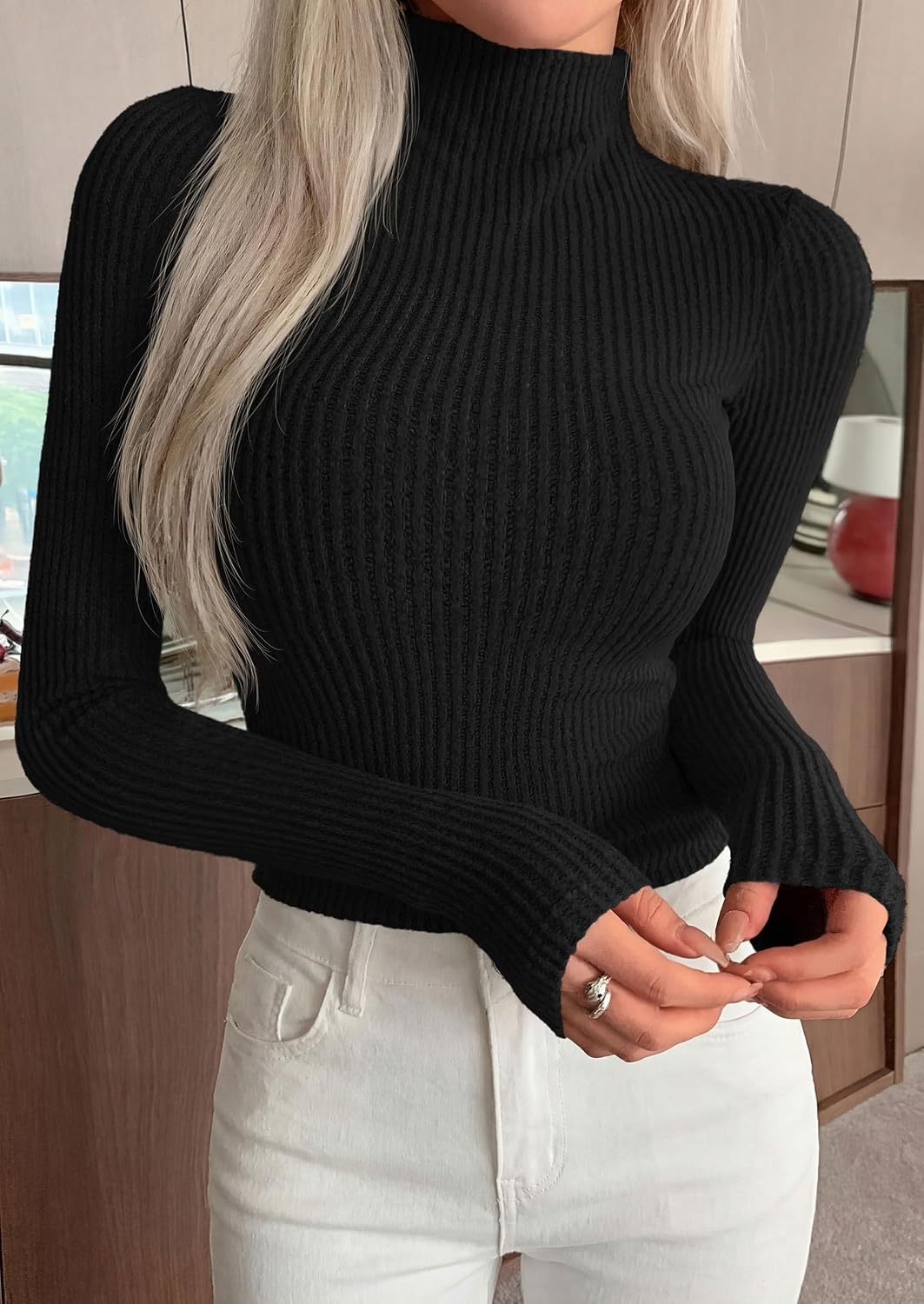 image:imagePRETTYGARDEN Long Sleeve Shirts for Women Mock Neck TopsBlack