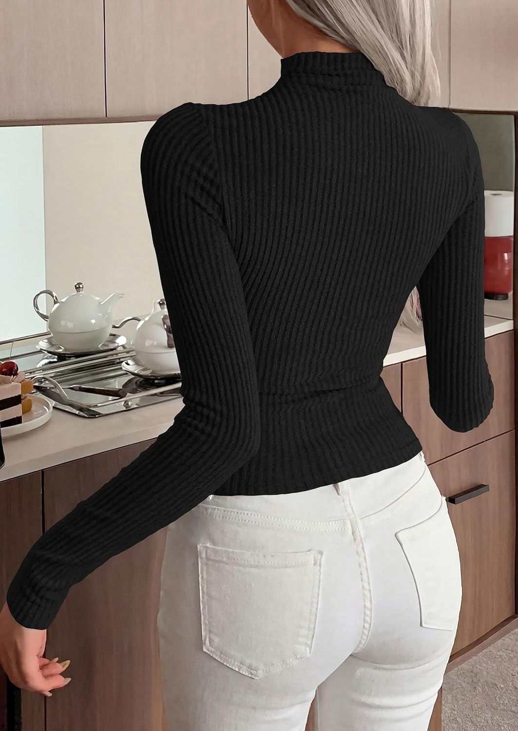 image:imagePRETTYGARDEN Long Sleeve Shirts for Women Mock Neck TopsBlack