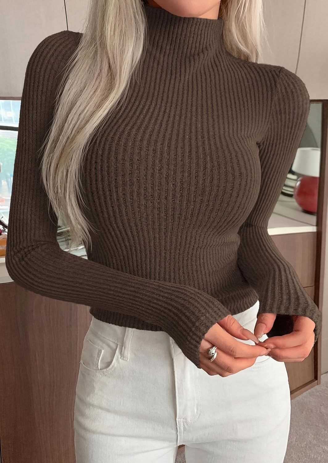 image:imagePRETTYGARDEN Long Sleeve Shirts for Women Mock Neck TopsBrown