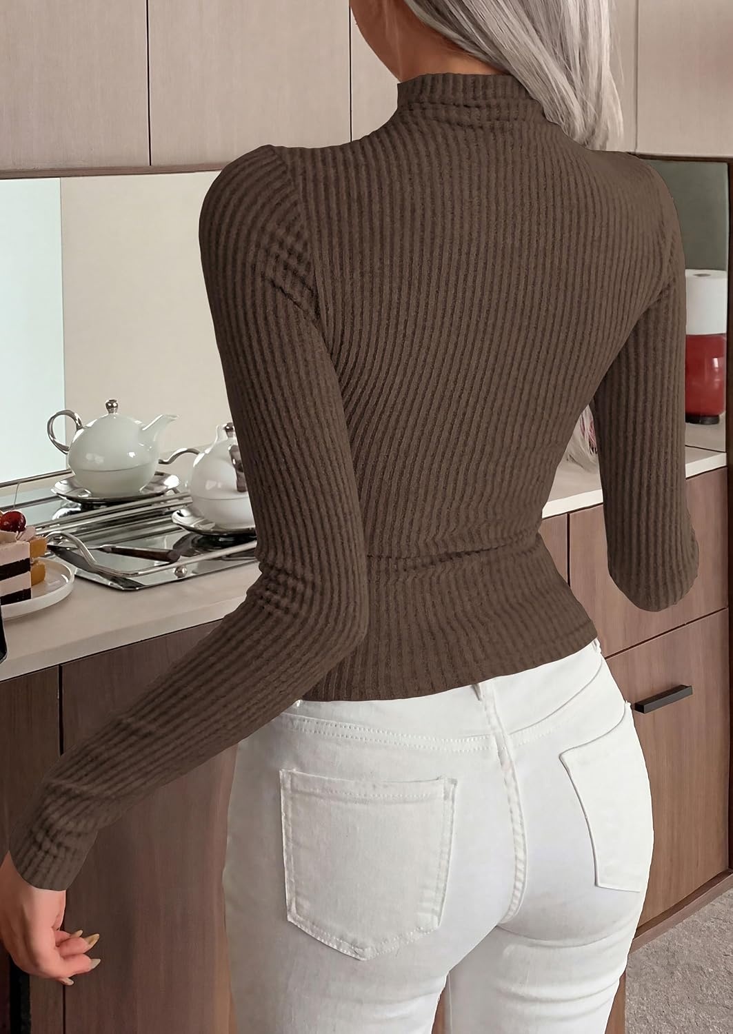 image:imagePRETTYGARDEN Long Sleeve Shirts for Women Mock Neck TopsBrown