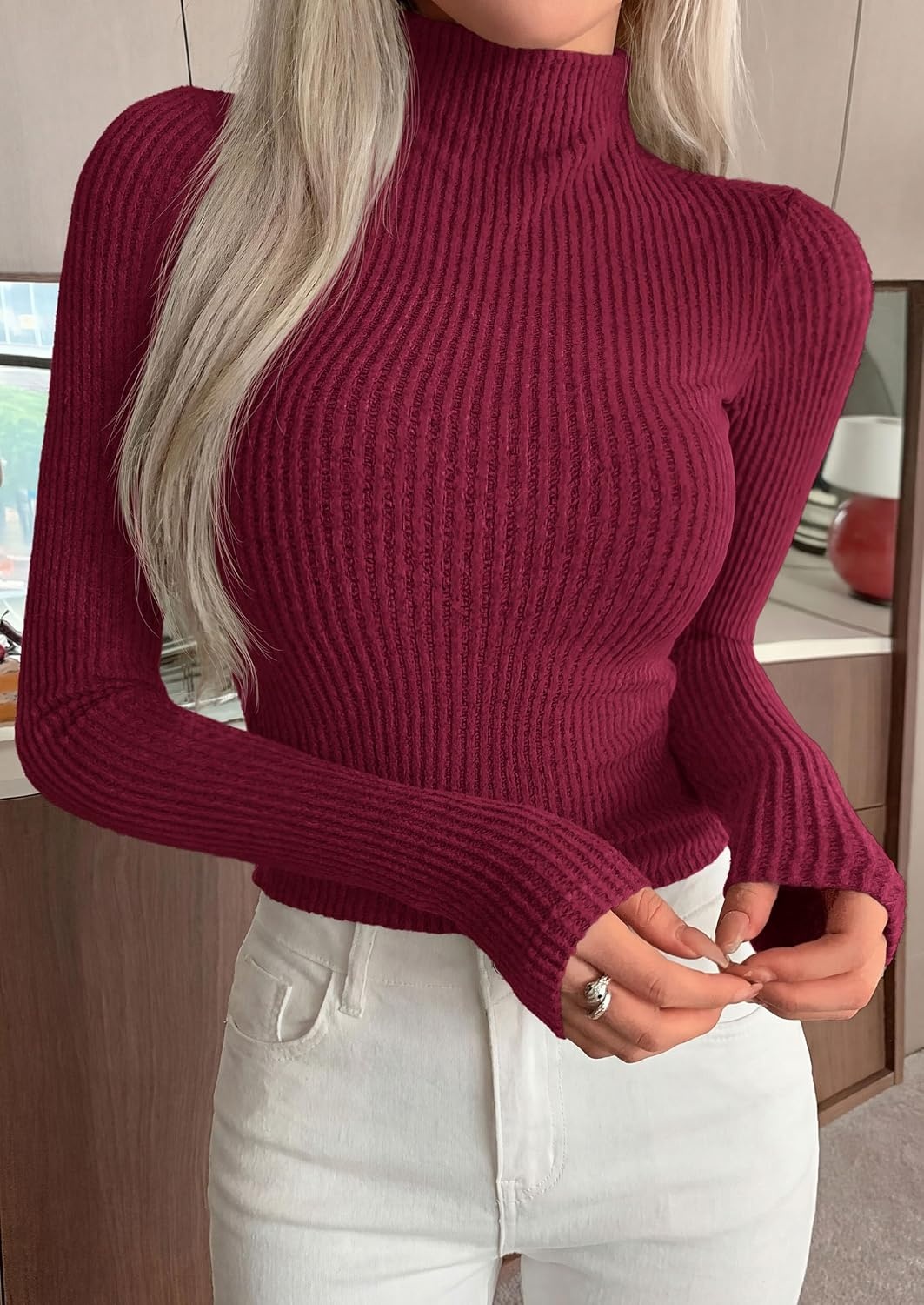 image:imagePRETTYGARDEN Long Sleeve Shirts for Women Mock Neck TopsBurgundy