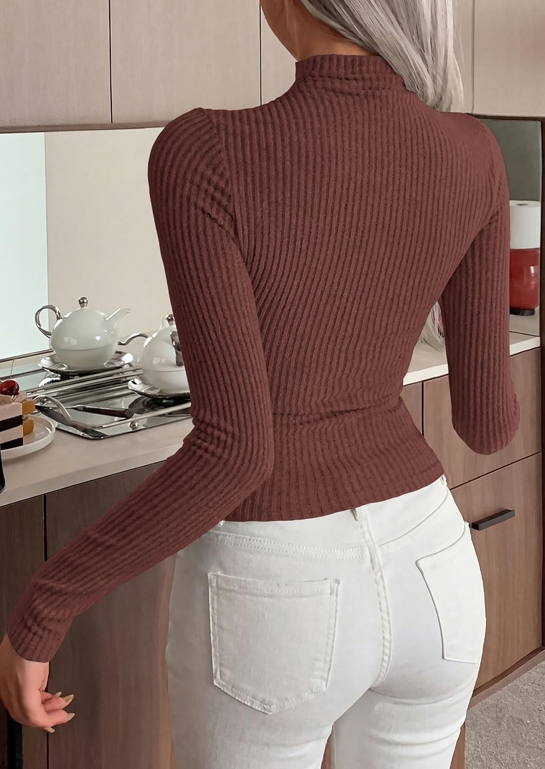 image:imagePRETTYGARDEN Long Sleeve Shirts for Women Mock Neck TopsCoffee