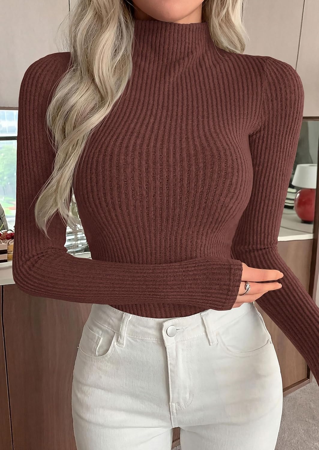 image:imagePRETTYGARDEN Long Sleeve Shirts for Women Mock Neck TopsCoffee