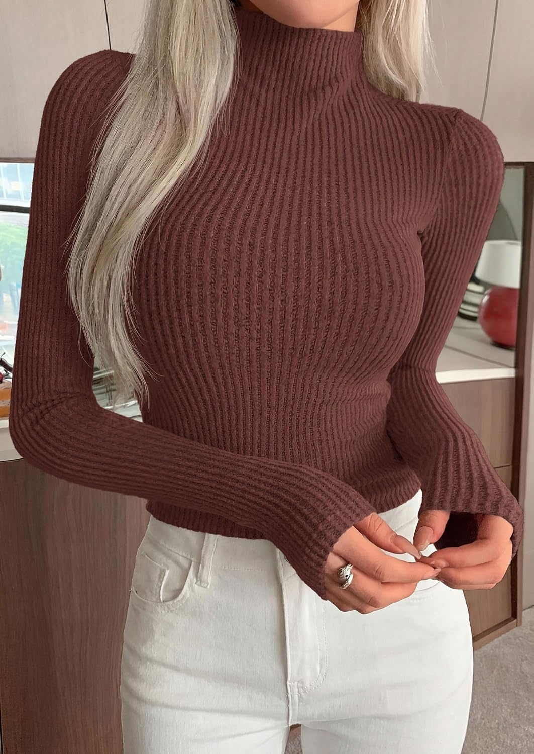 image:imagePRETTYGARDEN Long Sleeve Shirts for Women Mock Neck TopsCoffee