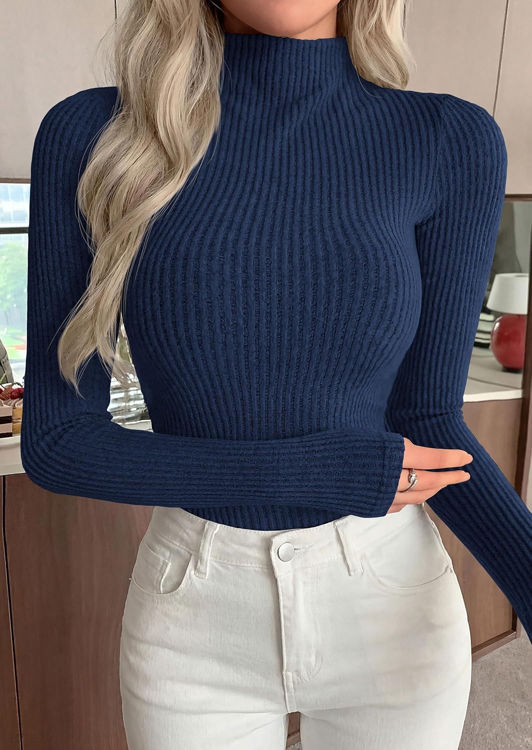 image:imagePRETTYGARDEN Long Sleeve Shirts for Women Mock Neck TopsNavy Blue