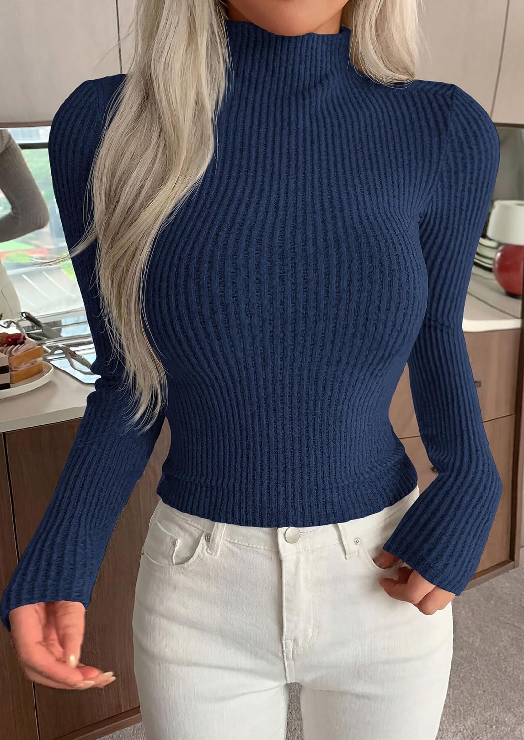image:imagePRETTYGARDEN Long Sleeve Shirts for Women Mock Neck TopsNavy Blue
