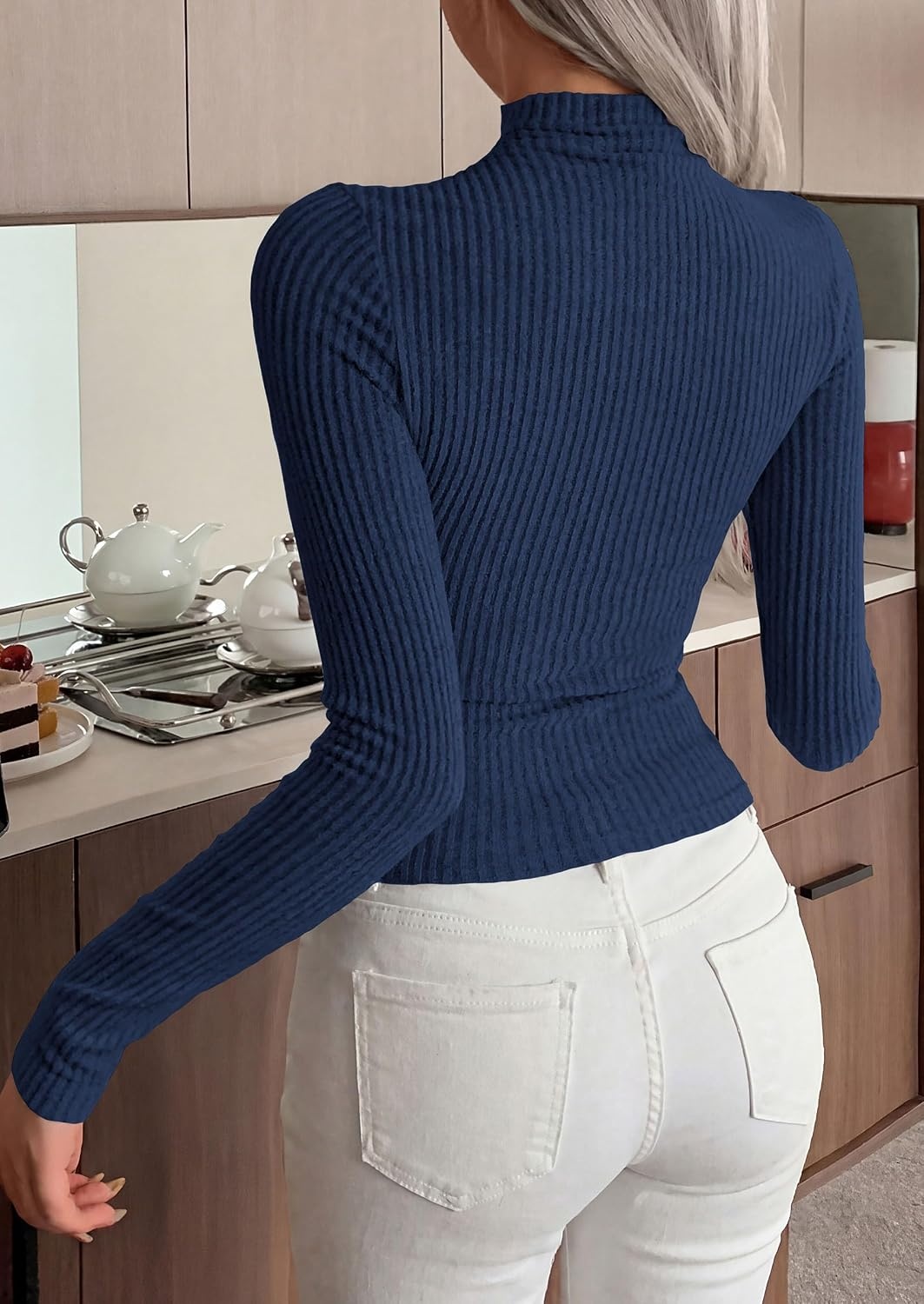 image:imagePRETTYGARDEN Long Sleeve Shirts for Women Mock Neck TopsNavy Blue