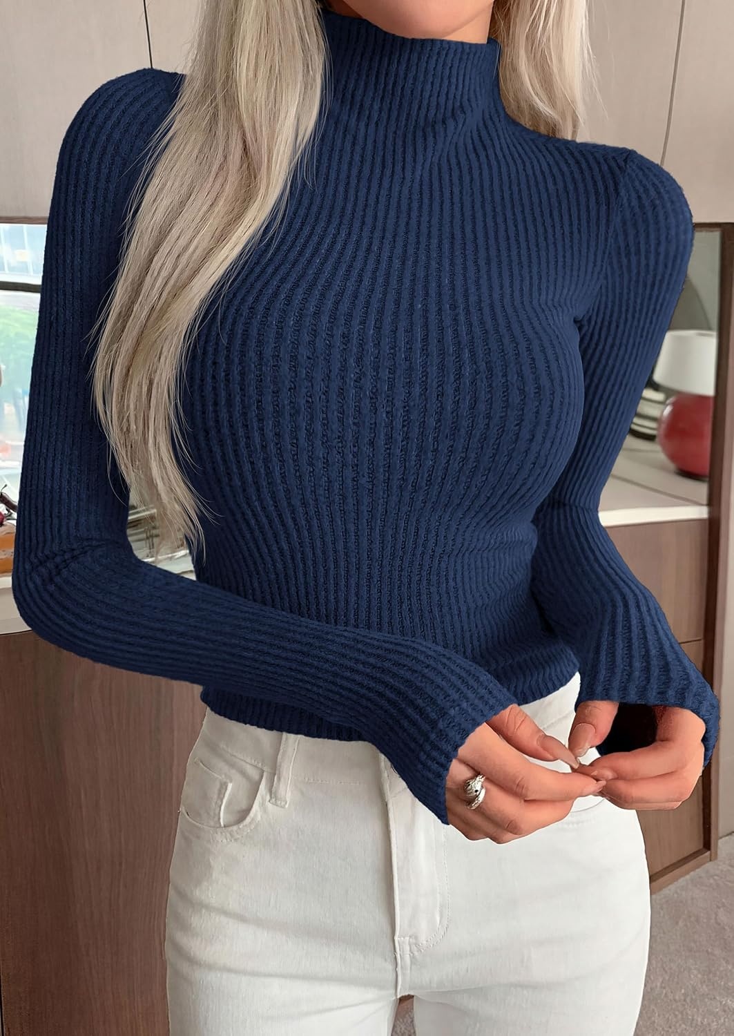 image:imagePRETTYGARDEN Long Sleeve Shirts for Women Mock Neck TopsNavy Blue
