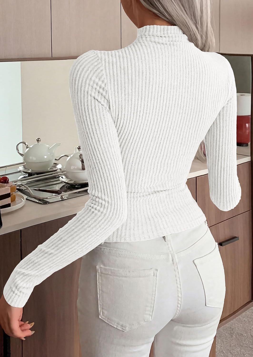 image:imagePRETTYGARDEN Long Sleeve Shirts for Women Mock Neck TopsWhite