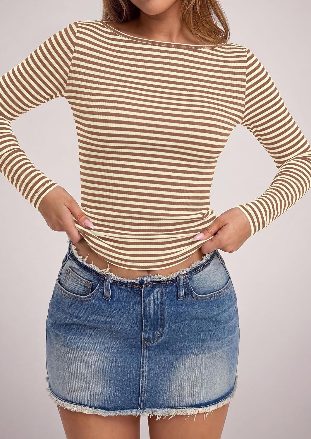 image:imagePRETTYGARDEN Long Sleeve Striped Shirts for WomenStriped Beige Brown