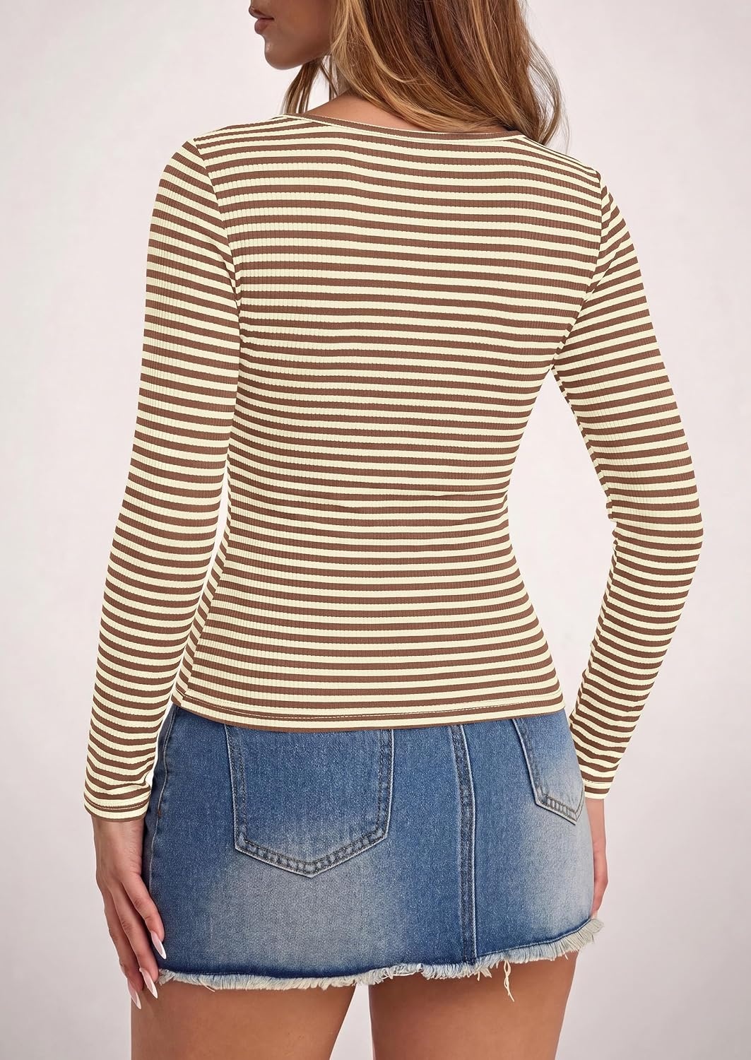 image:imagePRETTYGARDEN Long Sleeve Striped Shirts for WomenStriped Beige Brown
