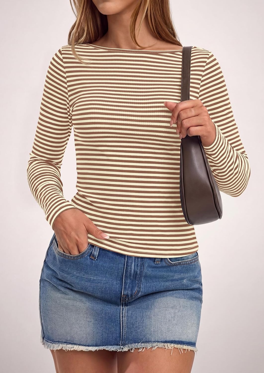 image:imagePRETTYGARDEN Long Sleeve Striped Shirts for WomenStriped Beige Brown