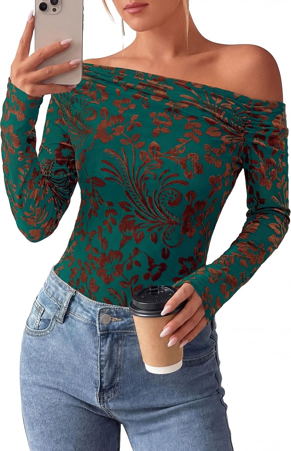 image:imagePRETTYGARDEN Off the Shoulder Tops for Women Mesh BlousesDark Green