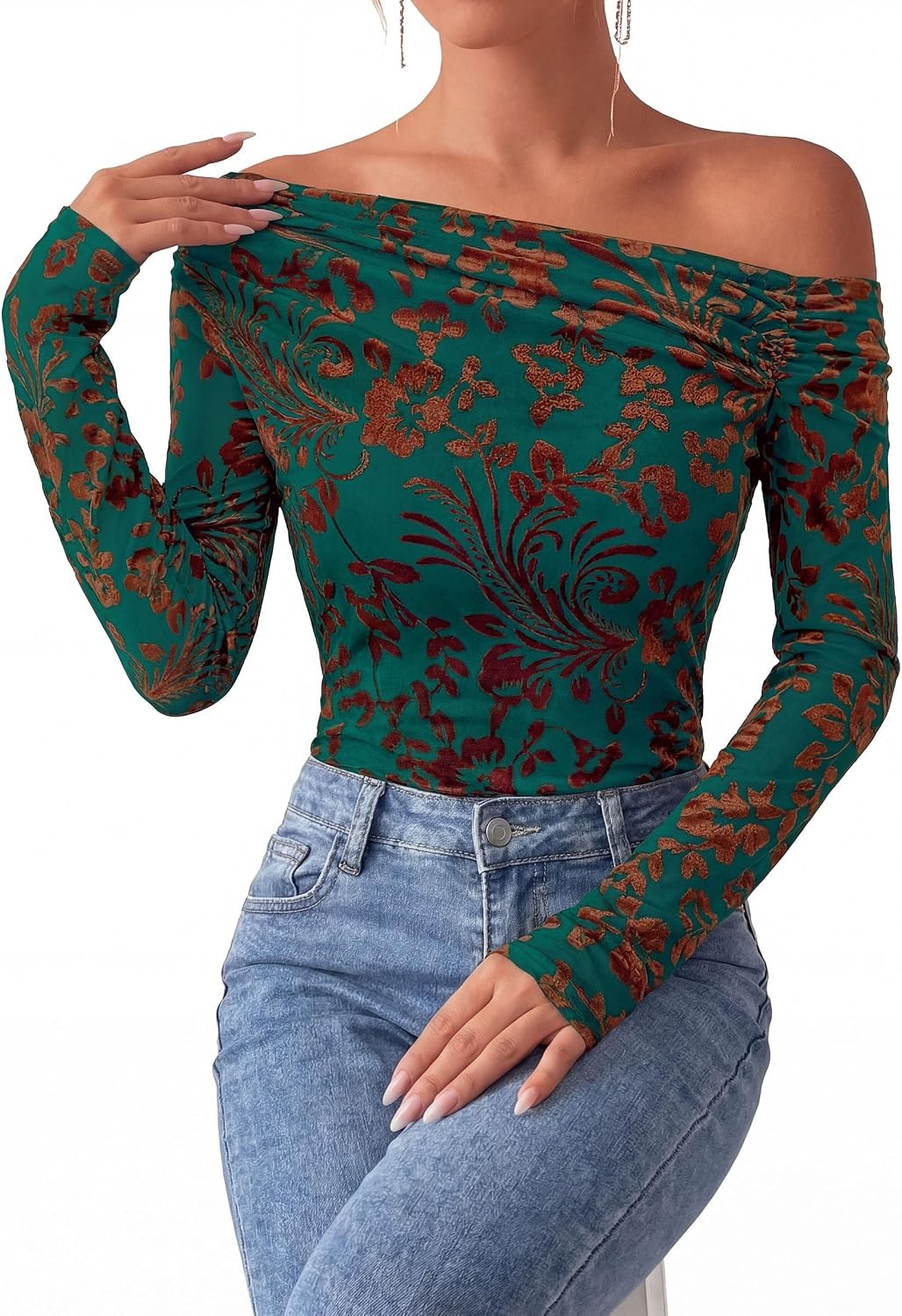 image:imagePRETTYGARDEN Off the Shoulder Tops for Women Mesh BlousesDark Green