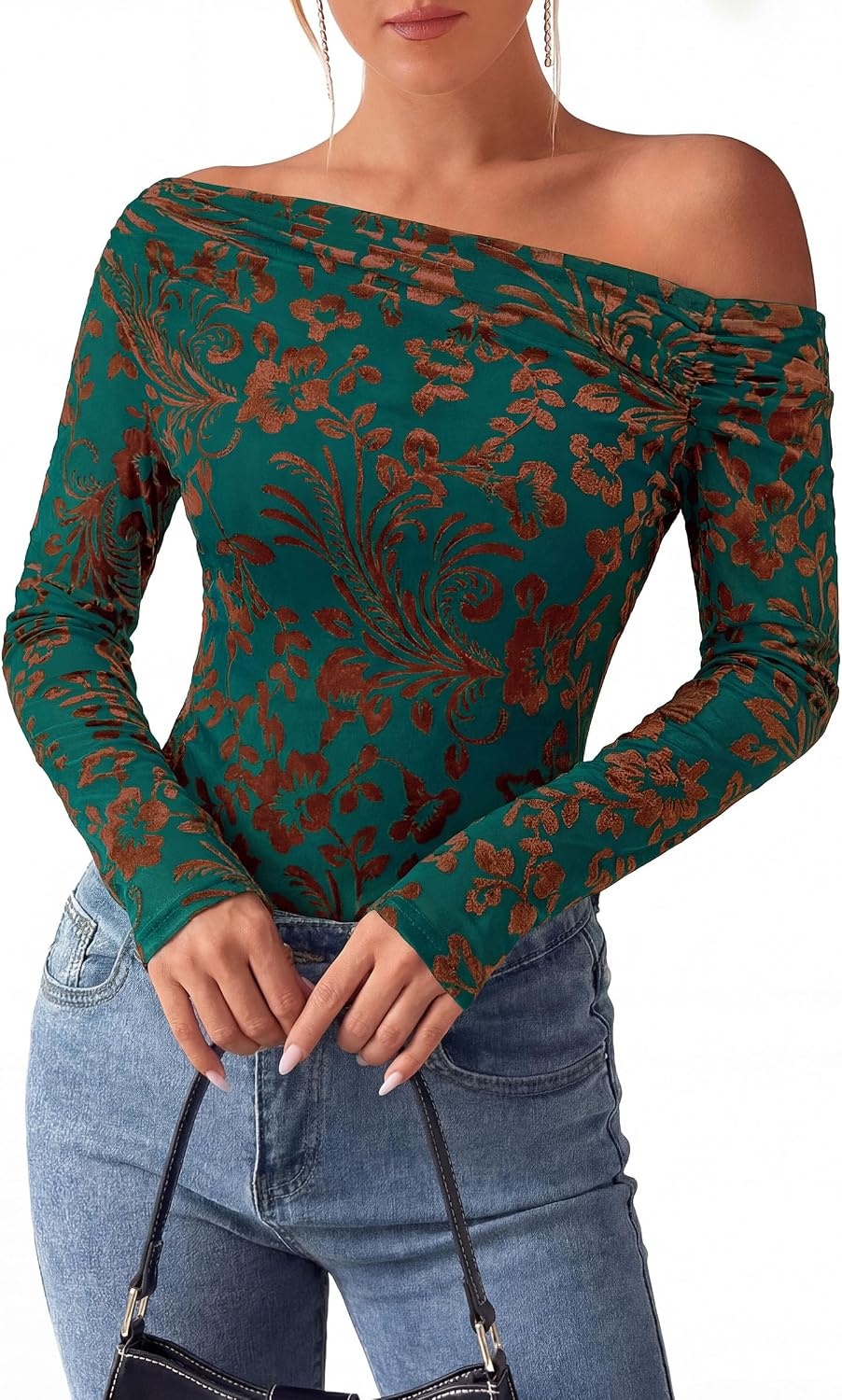 image:imagePRETTYGARDEN Off the Shoulder Tops for Women Mesh BlousesDark Green