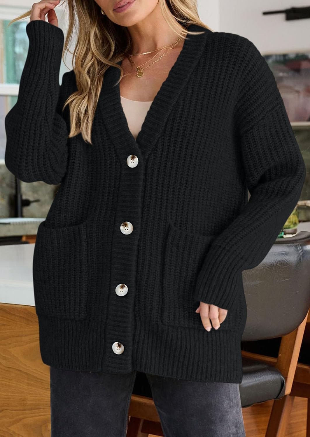 image:imagePRETTYGARDEN Oversized Cardigan Sweaters for Women Button UpBlack