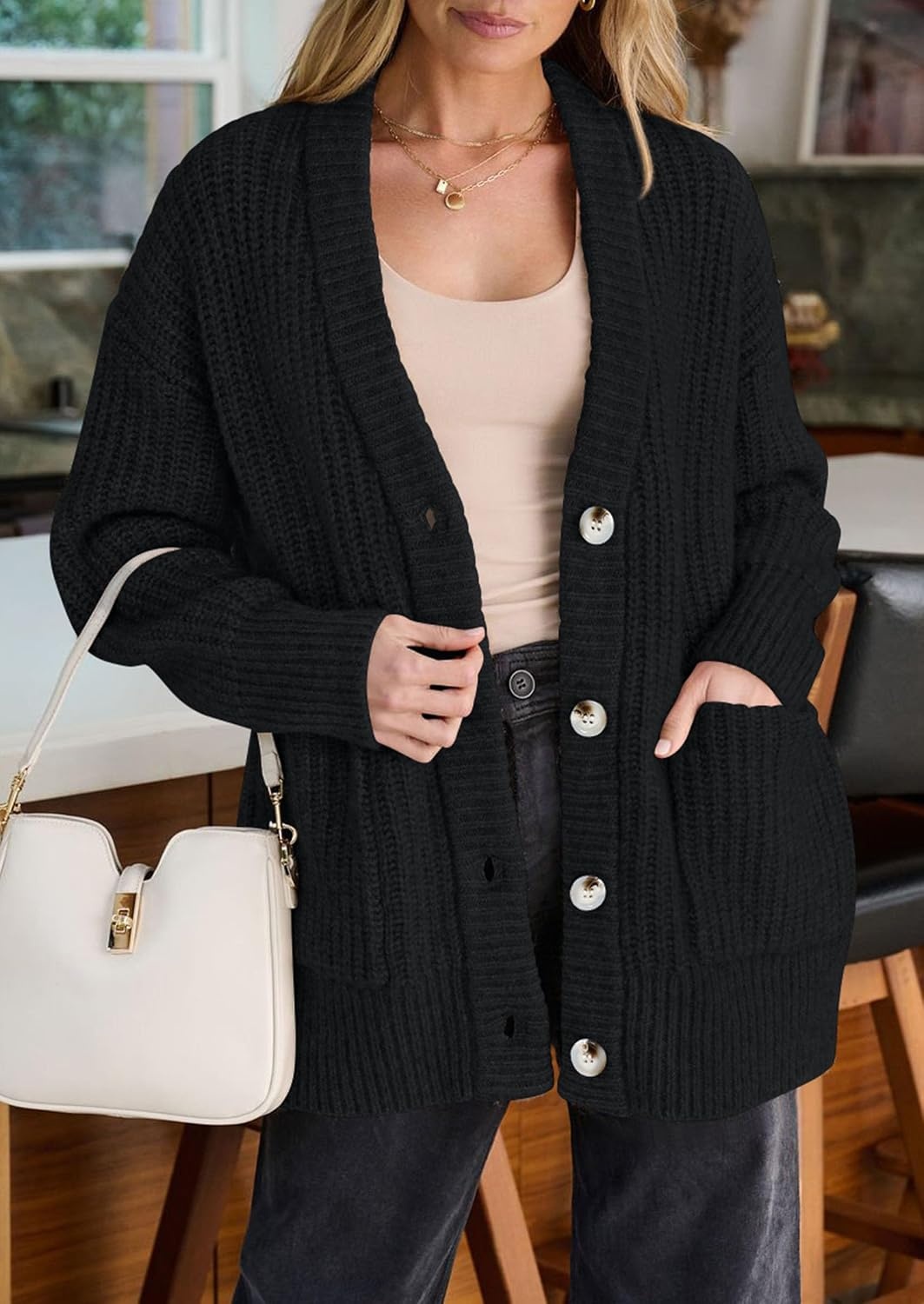 image:imagePRETTYGARDEN Oversized Cardigan Sweaters for Women Button UpBlack